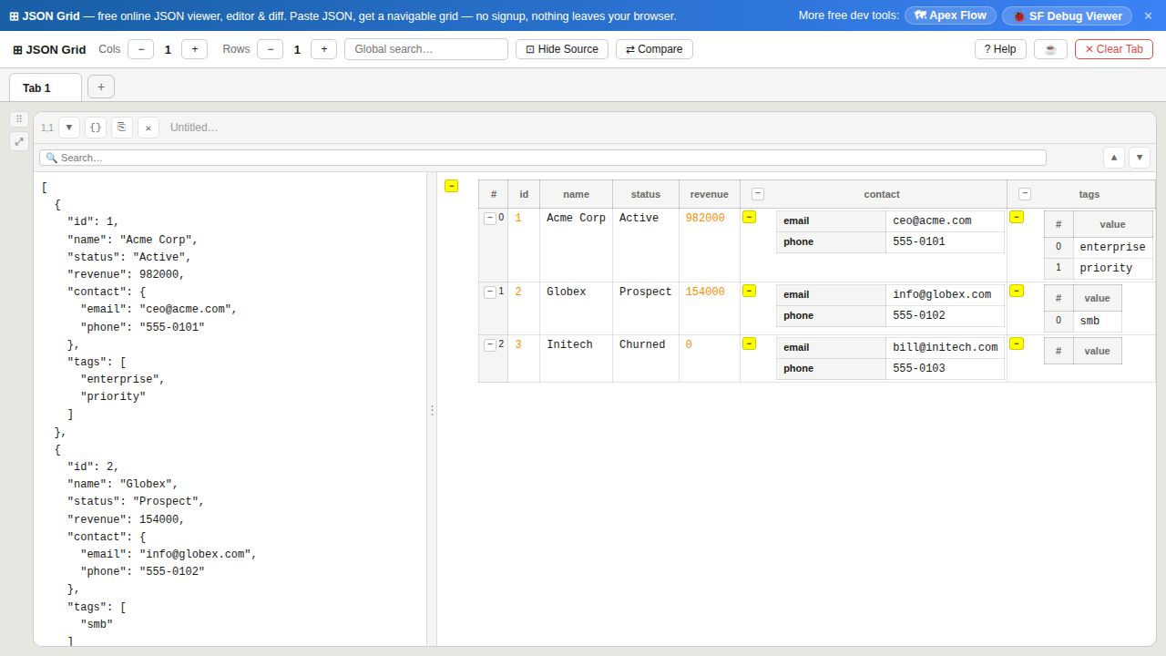 JSON Grid X showing a JSON array rendered as a navigable grid table with nested objects